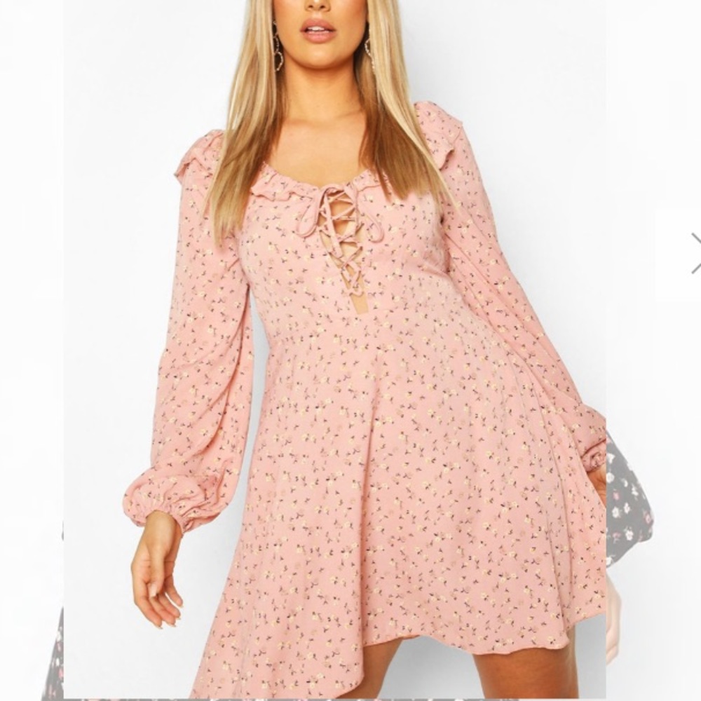 BooHoo Plus Floral Lace Up Skater Dress - Size 20 Pink